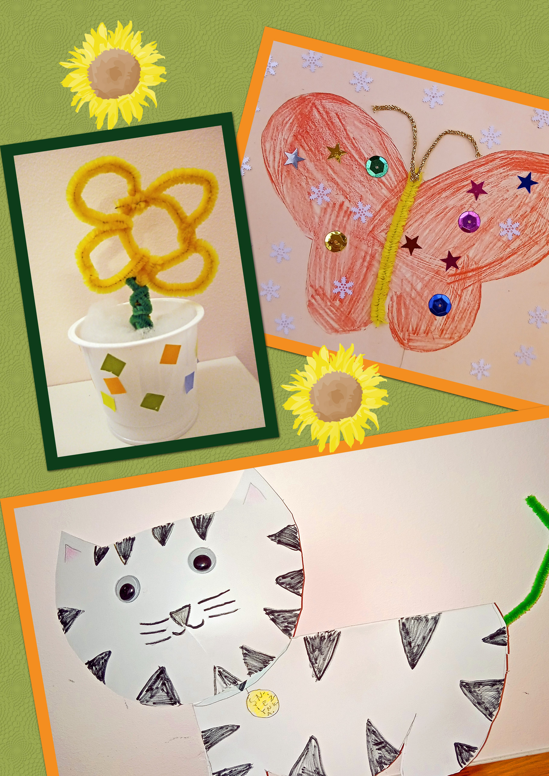 dziecięce prace plastyczne: rysunek kota, papierowy motyl, kwiatek z drucików